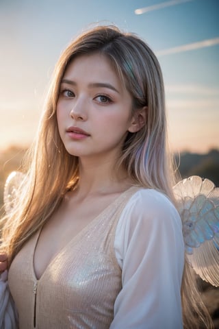 (masterpiece, best quality, CGI, official art:1.2), (stunning celestial being:1.3), (iridescent wings:1.4), shimmering silver hair, piercing sapphire eyes, gentle smile, (luminous aura:1.2), soft focus, whimsical atmosphere, serene emotion, dreamy tone, vibrant intensity, inspired by Hayao Miyazaki's style, ethereal aesthetic, pastel colors with (soft pink accents:1.1), warm mood, soft golden lighting, diagonal shot, looking up in wonder, surrounded by (delicate clouds:1.1) and (shimmering stardust:1.2), focal point on the being's face, intricate textures on wings and clothes, highly realistic fabric texture, atmospheric mist effect, high image complexity, detailed environment, subtle movement of wings, dynamic energy.