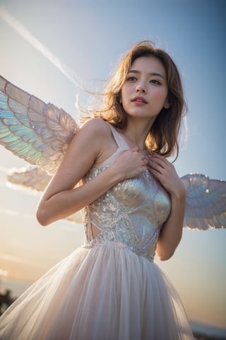 (masterpiece, best quality, CGI, official art:1.2), (stunning celestial being:1.3), (iridescent wings:1.4), shimmering silver hair, piercing sapphire eyes, gentle smile, (luminous aura:1.2), soft focus, whimsical atmosphere, serene emotion, dreamy tone, vibrant intensity, inspired by Hayao Miyazaki's style, ethereal aesthetic, pastel colors with (soft pink accents:1.1), warm mood, soft golden lighting, diagonal shot, looking up in wonder, surrounded by (delicate clouds:1.1) and (shimmering stardust:1.2), focal point on the being's face, intricate textures on wings and clothes, highly realistic fabric texture, atmospheric mist effect, high image complexity, detailed environment, subtle movement of wings, dynamic energy.