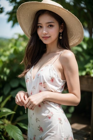 background is beach,sand,tropical forest,
20 yo, 1 girl, beautiful korean girl,standing,
wearing white simple summer dress(red flower pattern,strap),cloth flowing by wind, hold women hat with hands,smile, solo, {beautiful and detailed eyes}, dark eyes, calm expression, delicate facial features, ((model pose)), Glamor body type, (dark hair:1.2), simple tiny earrings, flim grain, realhands, masterpiece, Best Quality, 16k, photorealistic, ultra-detailed, finely detailed, high resolution, perfect dynamic composition, beautiful detailed eyes, eye smile, ((nervous and embarrassed)), sharp-focus, full_body, cowboy_shot,