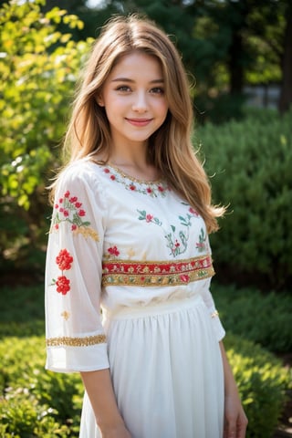 1girl, Beautiful young woman, blonde, smiling, (in beautiful Ukrainian national costume embroidery ornament white, black), sunny day, botanical garden, realistic