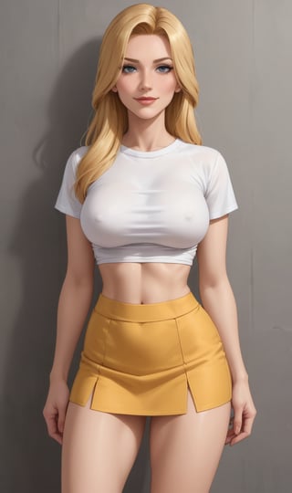 Helena Douglas, long blonde hair, attractive face, tight shirt, mini skirt, sexy pose, cute smile, big boobs nice curves,  shy face and horny, 