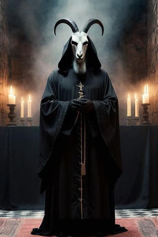 A satanic priest with black goat mask and long beard wearing a long black robe standing in front of altar. 4k, highres, realistic, photorealistic, eerie background.