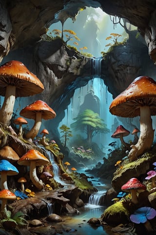 Extermely realistic artwork beautiful colours collection, glowing glowing colours, colour full masroom, masroom, big exter finger size masroom, masroom A mountain cave from inside which flowing water is visible, in which there are many mushroom trees, some mushroom trees are very big, all the mushrooms are colourful and are visible in different colours.