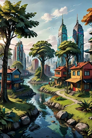 high quality, 8K Ultra HD, (((naturally interacting with the environment:1.5))),(((seamless:1.5))),((strong environmental light)),((hard shadows)), futureies city moke realistic funtastic city modern city, (city of the future) colourful funtastic magical creativite of nature landloard plant landloar plant trees and trees big trees ,island,style of Edvard Munch, crowded_XL_XL city, Acity with lots of bulidings!