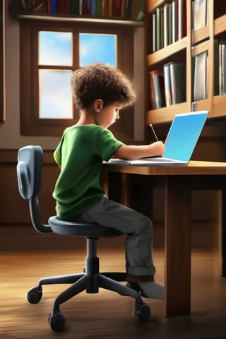 the bes quailty of realistic image. create image a studing table with sitting a boy chair with on a laptop 