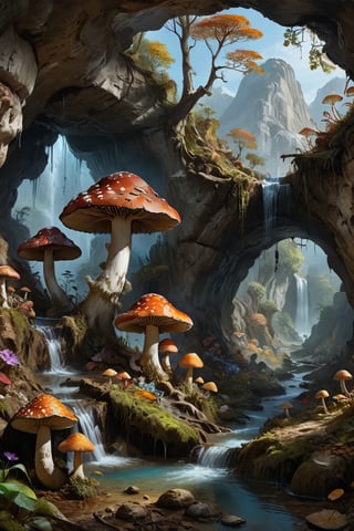 Extermely realistic artwork beautiful colours collection,A mountain cave from inside which flowing water is visible, in which there are many mushroom trees, some mushroom trees are very big, all the mushrooms are colourful and are visible in different colours.