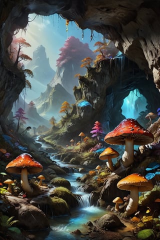 Extermely realistic artwork beautiful colours collection, glowing glowing colours, colour full masroom, masroom, big exter finger size masroom(glowing colours colour ful), masroom A mountain cave from inside which flowing water is visible, in which there are many mushroom trees, some mushroom trees are very big, all the mushrooms are colourful and are visible in different colours.