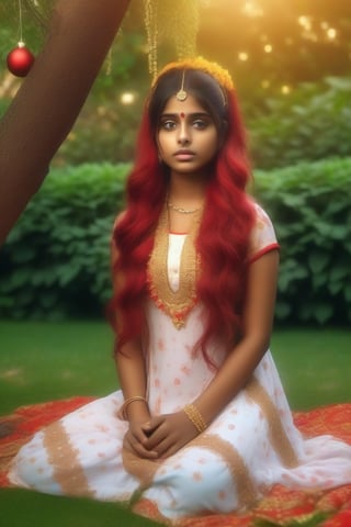 4k hd quality a indian beautyful Sad girl,DonMB4nsh33XL ,Apoloniasxmasbox\  There is something like a golden red colour hairband on her hair sitting on a chair in a garden show in garden big and big free space Lots of trees visible