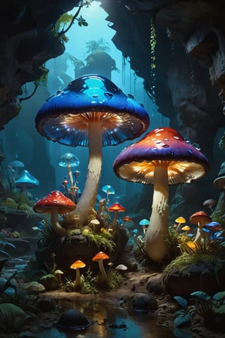 extremely realistic artwork, realistic image, pokemon \(creature\), no humans, glowing, glowing light, colourful colourfull mushroom different different mushroom masterpiece made of glass, giant blue glass mushrooms, bright light cave, glowing colourful glass mushroom, different different colourful mashrooms, big glass mashrooms, big glowing glass mashrooms, lots of glass mashrooms, lots of glass mashrooms in cave,masterpiece,disney pixar style in under the water river mountain view 