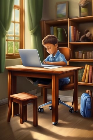 the bes quailty of realistic image. create image a studing table with sitting a boy chair with on a laptop 