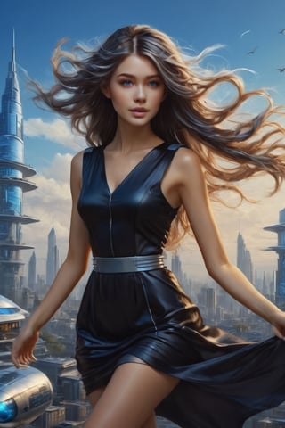 Realistic artwork futuristic city images creative AI Tools girl log hairstyle attractive with unique design air flying hair black colour avtar dresses style at bule colour light 