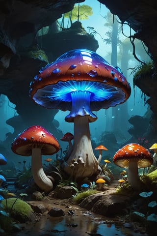 extremely realistic artwork, realistic image, pokemon \(creature\), no humans, glowing, glowing light, colourful colourfull mushroom made of glass, giant blue glass mushrooms, bright light cave, glowing colourful glass mushroom, different different colourful mashrooms, big glass mashrooms, big glowing glass mashrooms, lots of glass mashrooms, lots of glass mashrooms in cave,masterpiece,disney pixar style in under the water river mountain view 