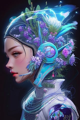 1girl, solo, short hair, blue eyes, simple background, black hair, hair ornament, upper body, flower, parted lips, mole, from side, lips, eyelashes, mole under eye, profile, glowing, leaf, black background, portrait, pink flower, science fiction, nose, purple flower, cable