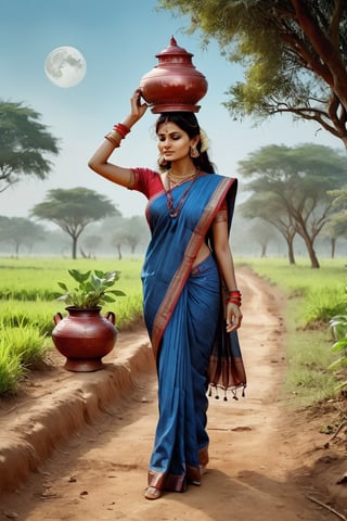 HD Quality? 8K A woman who is walking with an earthen pot on her head, and that woman is looking like a beautiful well-mannered Indian woman, and according to Indian culture she is wearing a beautiful sari, red glass bangles are shining in her hands, a well is visible in the front, huge greenery on all sides, fields, big trees visible from a distance, beautiful pleasant weather, sky is appearing blue, etc. the moon is shining, it looks like a moonlit night, Fantastic Realistic, Unique, Creative, Colorful,DonMM1y4XL