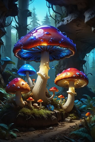 extremely realistic artwork, realistic image, pokemon \(creature\), no humans, glowing, glowing light, colourful colourfull mushroom made of glass, giant blue glass mushrooms, bright light cave, glowing colourful glass mushroom, different different colourful mashrooms, big glass mashrooms, big glowing glass mashrooms, lots of glass mashrooms, lots of glass mashrooms in cave,masterpiece,disney pixar style