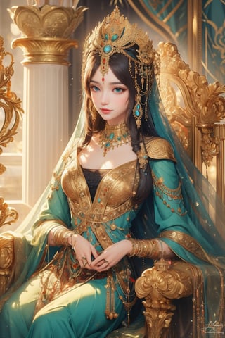 Cleopatra, the queen of Egypt, sits regally on a golden throne, adorned with lapis lazuli and carnelian. Soft, warm light casts a gentle glow on her porcelain skin as she gazes out into the distance, her piercing green eyes seeming to hold the secrets of the ancient Nile. A delicate gold collar wraps around her neck, its intricate details glinting in the soft illumination.