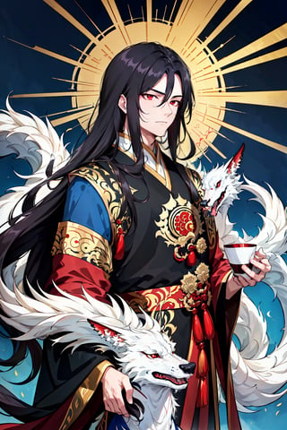 A majestic shot of a handsome Chinese emperor, his long, silky hair cascading down his back like a river of night. His piercing red eyes gleam with an otherworldly intensity as he stands tall, a majestic black serpent coiled around his arm, its scales glistening in the soft, ethereal light that bathes him. He wears traditional Chinese attire, the intricate embroidery and flowing silks accentuating his regal bearing. The air is thick with an aura of mystique and power as he surveys his domain, the serpent's forked tongue darting in and out of its mouth like a harbinger of ancient secrets.