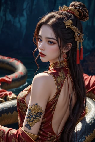 A majestic shot of a handsome Chinese emperor, his long, silky hair cascading down his back like a river of night. His piercing red eyes gleam with an otherworldly intensity as he stands tall, a majestic black serpent coiled around his arm, its scales glistening in the soft, ethereal light that bathes him. He wears traditional Chinese attire, the intricate embroidery and flowing silks accentuating his regal bearing. The air is thick with an aura of mystique and power as he surveys his domain, the serpent's forked tongue darting in and out of its mouth like a harbinger of ancient secrets.,sexbodysuit,1 girl,perfecteyes eyes,photo of perfecteyes eyes,More Detail