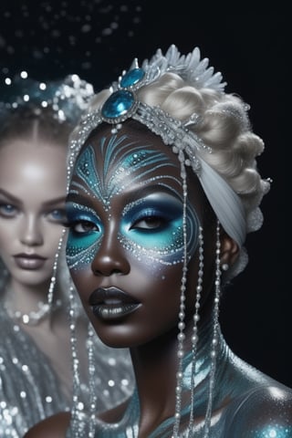 bautiful black woman with intricate ocean makeup, siren vibes,more detail XL,glitter,photorealistic