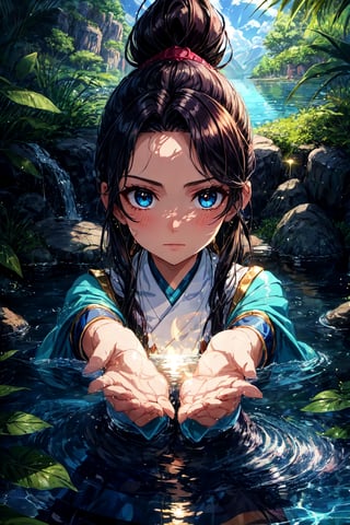 A close-up shot of Katara's determined face, her eyes locked intensely on the water before her. Her dark hair is tied back in a ponytail, and a few stray strands frame her face. Soft sunlight casts a warm glow, highlighting the gentle ripples on the surface of the water as she bends it with her powers. The composition focuses on Katara's hands, poised to manipulate the water, while the background subtly suggests the serene atmosphere of the Spirit Oasis.