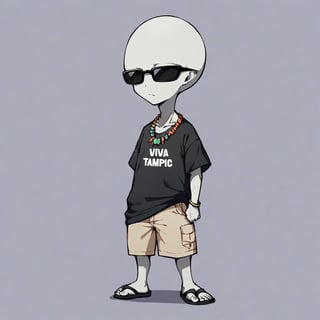 1alien, gray_skin, no ears, black_t-shirt that says(text "viva Tampico"), khaki shorts, black sandals, sunglasses, Hawaiian-style necklace,//quality, masterpiece:1.4,
