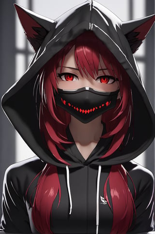 blood, monster version, detailed eyes, cat eyes, fire eyes, purple eyes, flat face mask, large face mask, black face mask, face mask with big smile :}, face mask with large fangs, teeth coming out of the face mask, blood red sweatshirt, hood covering head, hood with cat ears, face of 18 year old woman, dark background, blood red hair, pose of head tilted to the right looking forward, pose pointing finger at chin, short neck, shading,masterpiece,best quality,very aesthetic,