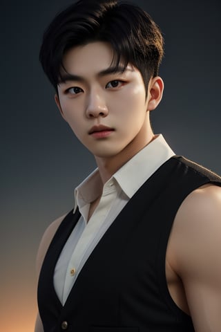 A ninja, 25 years old korean man, wear black vest, slim, medium ranged black hair, half body portrait, ultra realistic, ultra detailed, demi-god aesthetic, high quality, 8k resolution, cool demeanor, dramatic lighting, golden ratio,masterpiece