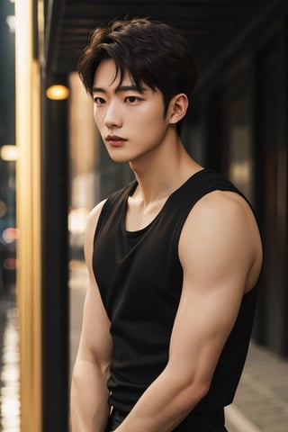  (masterpiece, ultra realistic, ultra detailed, high quality, 8k resolution, cool demeanor, dramatic lighting, high contrast, ultra high res, golden ratio), a 25 years old korean man, broad shoulders, wearing black tank top and black pants, slim, light brown hair, whort pulled back hair, thin lips, squinted eyes, sharp cheeks, sharp jawline, flared nose, rainy day, street