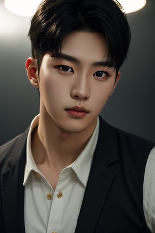 A 25 years old korean man, wear silver vest, slim, medium ranged black hair, half body portrait, ultra realistic, ultra detailed, high quality, 8k resolution, cool demeanor, dramatic lighting, golden ratio,masterpiece