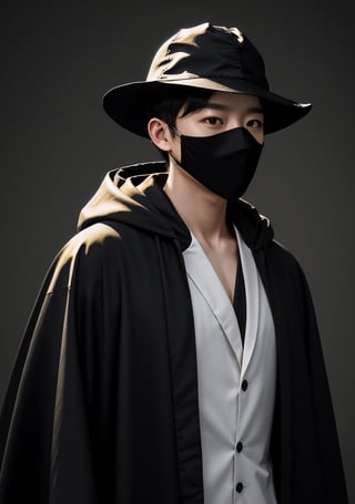 Korean man, 20 years old, medium ranged brown hair, garbed like a Plague doctor, wear black robe, silver plague mask on his face, half body portrait, ultra realistic, ultra detailed, demi-god aesthetic, high quality, 8k resolution, cool demeanor, dramatic lighting, golden ratio