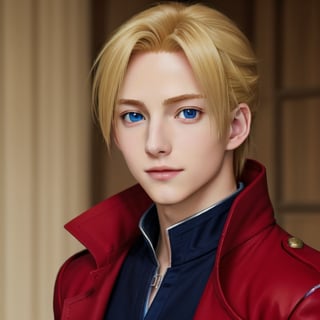 my_blonde, nice photo, solo, looking at viewer,realistic, masterpiece,  4K, edward_elric , red coat, black shirt, beautiful blue eyes, ikemen 