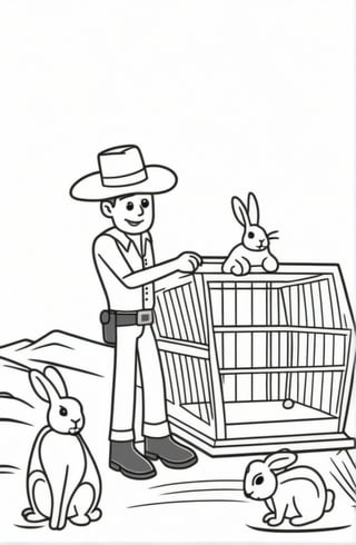 coloring page, black and white, drawing of: cowboy, helping rabbit, of: a small cage, background: desert
