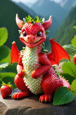 strwbrrxl, full body, detailed realistic image  of  a big dragon textured strawberry red skin, , smiling, sitting, natural light, magical, mountain background, , solo, very detailed, 4k, masterpiece, morph, photo realistic, RAW photo, subject, 8k uhd,sharpened focus soft, lighting, high quality, The surface of the strawberry is dotted with numerous small seeds and has a bright red color, which is typical for ripe strawberries, strwbrrxl
