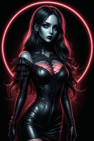 gothic woman, red lineart, NeonST2, black background