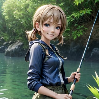 1 girl, (doing fishing), character focus, close to viewer,smile , outdoor clothing, , high resolution,(incredibly absurdres), (hires.fix:1.3),anime visual,extremely detailed CG unity 8k wallpaper, ((masterpiece)), ((top-quality)), (beautiful illustration,background Tento), ((an extremely delicate and beautiful))