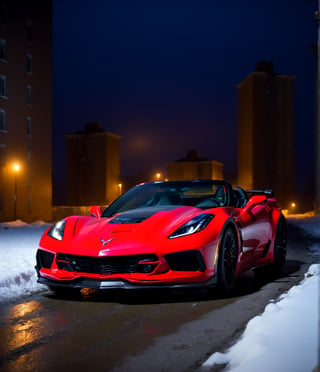 analog gloomy photo of a (Red Chevrolet Corvette Z06, ), ((speeding in an abandoned city (at midnight))), ((decayed apartment buildings in the background)), ((snow)), (horror movie), ((nighttime)), (midnight), ruins, claustrophobic, High Detail, Sharp focus, ((photorealism)), ((realistic)), best quality, 8k, award winning, dramatic lighting, epic, cinematic, masterpiece, backlit, contrejour, rim light, ambient fog:1.4, dutch angle, depth of field, volumetric lights,