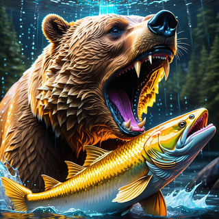16K,Best Quality, High Definition, realistic, masterpiece Cinematic, Great Golden Salmon fishIn the teeth of a bear (Highly detailed) , Glitter And Dynamic Scales, neon glowing, Water Splash, Dynamic Water, Ultra-Detailed, glowneon, glowing, sparks, lightning,more detail XL