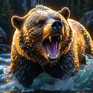 16K,Best Quality, High Definition, realistic, masterpiece Cinematic, Great Golden Salmon fishIn the teeth of a bear (Highly detailed) , Glitter And Dynamic Scales, neon glowing, Water Splash, Dynamic Water, Ultra-Detailed, glowneon, glowing, sparks, lightning,more detail XL