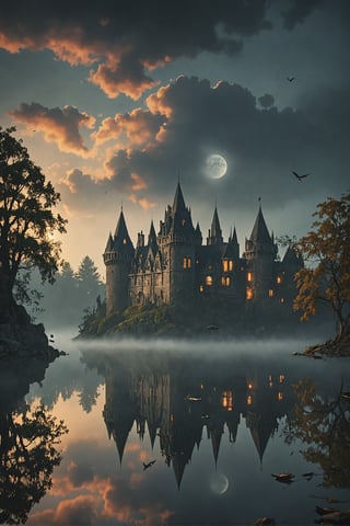 Horror-themed , create a picture of a mystical scene with a small castle in the middle of a calm lake. Create an extraordinary atmosphere with fog that envelops the castle and its surroundings. Highlight the reflection of the castle and the mist on the calm surface of the water. Illuminate the scenery with a dramatic sky showing celestial phenomena or intense cloud formations. Emphasize the magical and fantastical elements to create a captivating image that transports the viewer into a world of enchantment.
 , Ultra-HD-details, true to life, HDR image, High detail resolution, high detailed cloth, cinematic lighting, realistic, sharp focus, (very detailed), ((4K HQ)), depth of field, f/1.2, Leica, 8K HDR, High contrast, bokeh, realistic shadows, vignette, epic, . Eerie, unsettling, dark, spooky, suspenseful, grim, highly detailed
