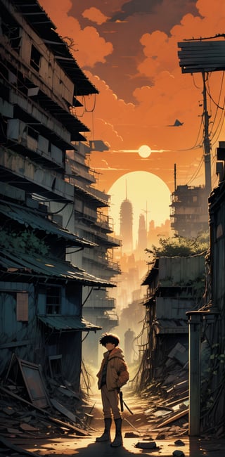 Retro-styled illustration of a lone, short-haired boy with bangs, dressed in post-apocalyptic attire, carrying a rifle and exuding determination. Against the backdrop of a ruined city, now reclaimed by vegetation, he stands out against the warm orange hues of the setting sun. The halftone effect adds texture, while the Ghibli-inspired anime style captures the nostalgic essence of 1980s-1990s animation. Solarpunk undertones evoke hope and resilience in the face of desolation.

The background ruins are filled with vegetation.