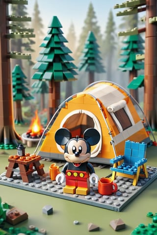  Mickey Mouse in a camping scene. The design should be in a Lego style, with characters and elements looking like Lego figures and blocks. Include a cozy campsite with a tent, campfire, and surrounding nature.