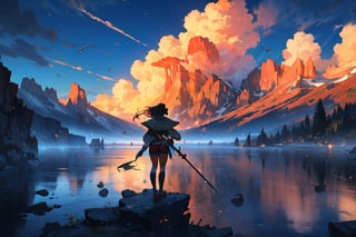 Create a breathtaking fantasy landscape featuring Mickey Mouse standing on a rocky cliff, gazing out over an expansive, vibrant world. The sky is painted with dramatic, swirling clouds in hues of orange and gold, suggesting the dawn of a new day. In the distance, majestic mountains and mysterious structures fade into a misty horizon, hinting at untold adventures and epic quests. Mickey, equipped with a sword and shield, wears his iconic red shorts, yellow shoes, and white gloves, embodying the spirit of exploration and bravery. Birds fly high in the sky, adding to the sense of freedom and wonder in this vast, open world
