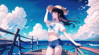 1girl, solo, long hair, open mouth, shirt, black hair, hat, navel, standing, white shirt, cowboy shot, outdoors, sky, shorts, day, midriff, artist name, cloud, water, blue sky, crop top, ocean, denim, animal print, denim shorts, straw hat, watercraft, print shirt, boat, colors