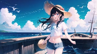 1girl, solo, long hair, open mouth, shirt, black hair, hat, navel, standing, white shirt, cowboy shot, outdoors, sky, shorts, day, midriff, artist name, cloud, water, blue sky, crop top, ocean, denim, animal print, denim shorts, straw hat, watercraft, print shirt, boat, colors