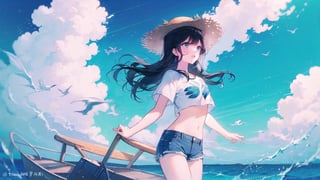 1girl, solo, long hair, open mouth, shirt, black hair, hat, navel, standing, white shirt, cowboy shot, outdoors, sky, shorts, day, midriff, artist name, cloud, water, blue sky, crop top, ocean, denim, animal print, denim shorts, straw hat, watercraft, print shirt, boat, colors