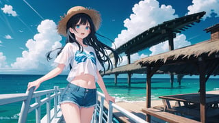 1girl, solo, long hair, open mouth, shirt, black hair, hat, navel, standing, white shirt, cowboy shot, outdoors, sky, shorts, day, midriff, artist name, cloud, water, blue sky, crop top, ocean, denim, animal print, denim shorts, straw hat, watercraft, print shirt, boat, colors