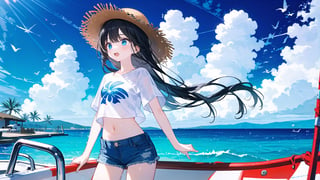 1girl, solo, long hair, open mouth, shirt, black hair, hat, navel, standing, white shirt, cowboy shot, outdoors, sky, shorts, day, midriff, artist name, cloud, water, blue sky, crop top, ocean, denim, animal print, denim shorts, straw hat, watercraft, print shirt, boat, colors