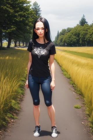 (masterpiece), best quality, highly detailed, 1girl, mature female, black hair, long hair, straight hair, forehead, black eyes, shirt, short sleeve, gothic pants, sneakers, standing, outdoor, grass, [fisheye lens:: 1]