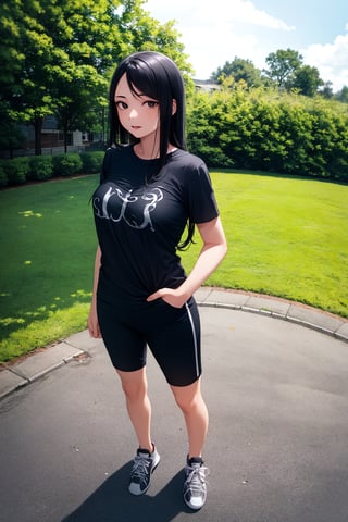 (masterpiece), best quality, 1girl, mature female, black hair, long hair, straight hair, black eyes, black lips, serene expression, shirt, short sleeve, pants, sneakers, standing, outdoor, grass, [fisheye lens:: 1]