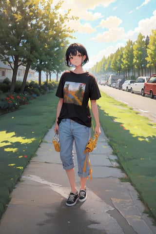 (masterpiece), best quality, 1girl, solo, black hair, short hair, brown eyes, BREAK shirt, short sleeve, BREAK skinny pants, sneakers, standing, outdoor, grass, trees, [fisheye lens::3]